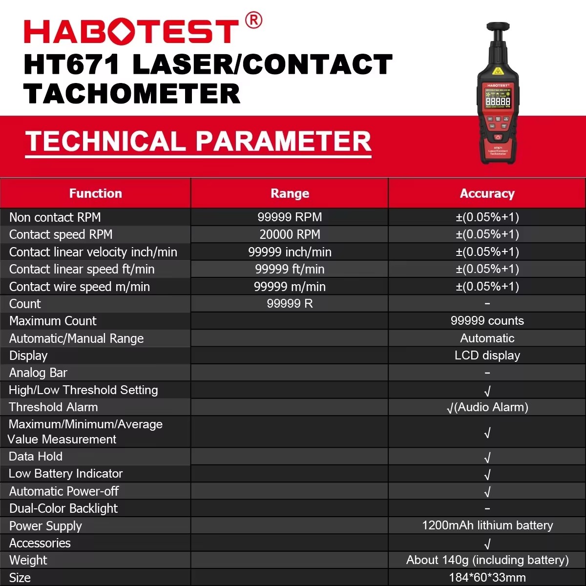 Industrial Laser Tachometer - HABOTEST HT671 2-in-1 디지털 타코미터 접촉식